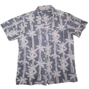 Tropical Palm Tree Bamboo Rayon Cotton Camp Gray Tan Shirt Mens Large Milano Bay